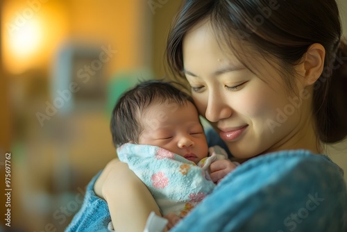 A mother lovingly cradles her newborn baby, gazing at her with adoration.