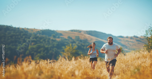 Overweight man going for a run with friends