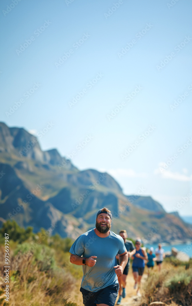 Overweight man going for a run with friends Overweight man going for a run with friends