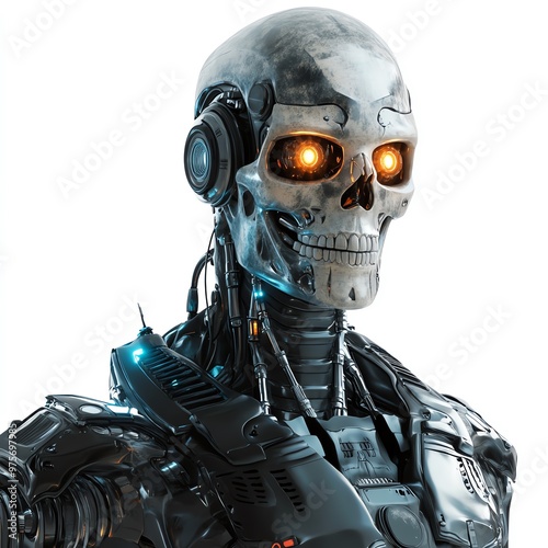 A cyborg with a skeleton face and glowing eyes, Halloween theme, eerie and futuristic, isolated on white background photo