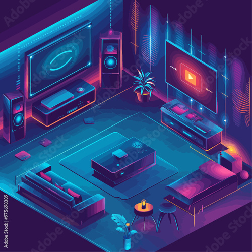 Isometric Home Theater Setup with Voice Control