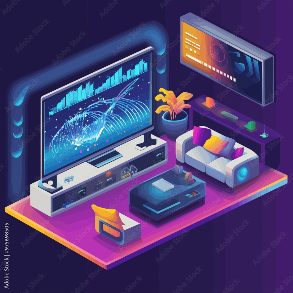 Isometric Home Theater Room with Smart Voice Control Isometric Home Theater Room with Smart Voice Control