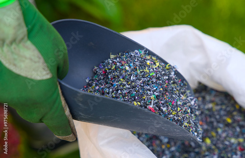 Plastic granulate in a plastic waste recycling plant