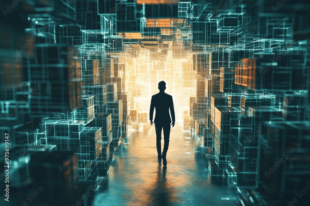 A man walks through a large, empty room with a futuristic feel A man walks through a large, empty room with a futuristic feel