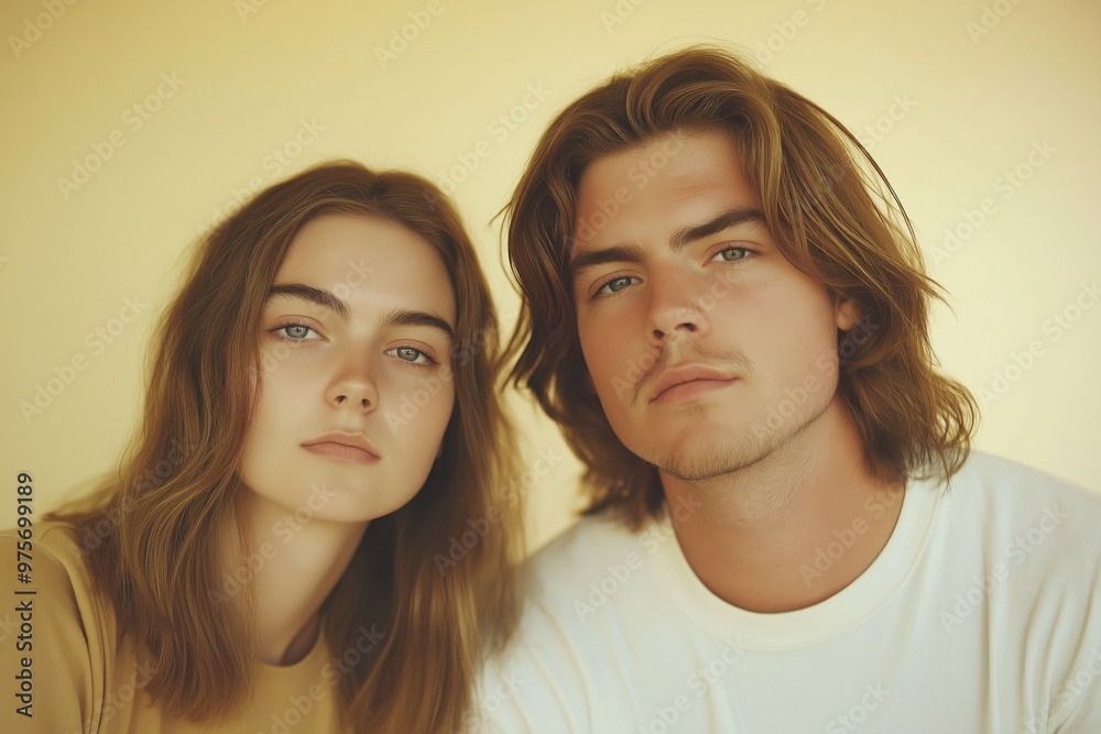 A studio close-up portrait of a young white couple wearing casual t-shirts, with a colourful background.