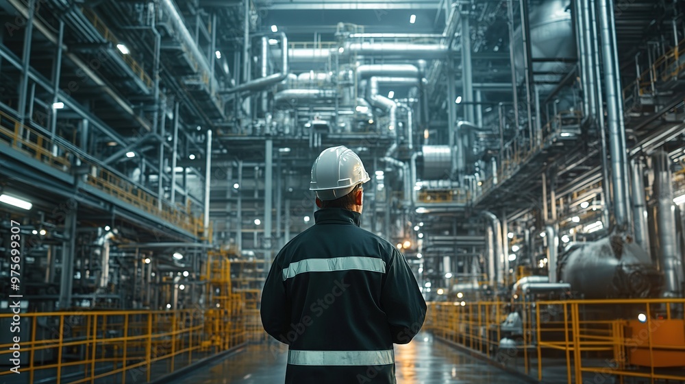 A factory employee in protective gear inspecting heavy machinery in an industrial setting A factory employee in protective gear inspecting heavy machinery in an industrial setting