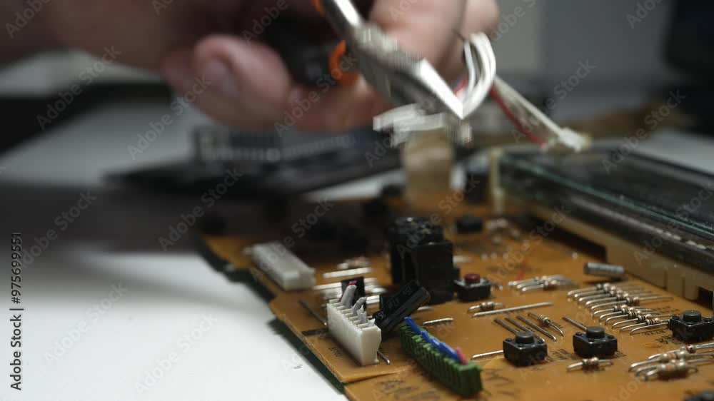 Blurred Shooting with a Technician Cutting Wires from an Electronic Circuit Board Using a Cutting Tool in a Service for Electronics. Blurred Shooting with a Technician Cutting Wires from an Electronic Circuit Board Using a Cutting Tool in a Service for Electronics.