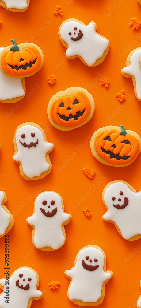 A pattern of cookies in the shape of smiling ghosts and pumpkins on an orange background. Halloween pattern