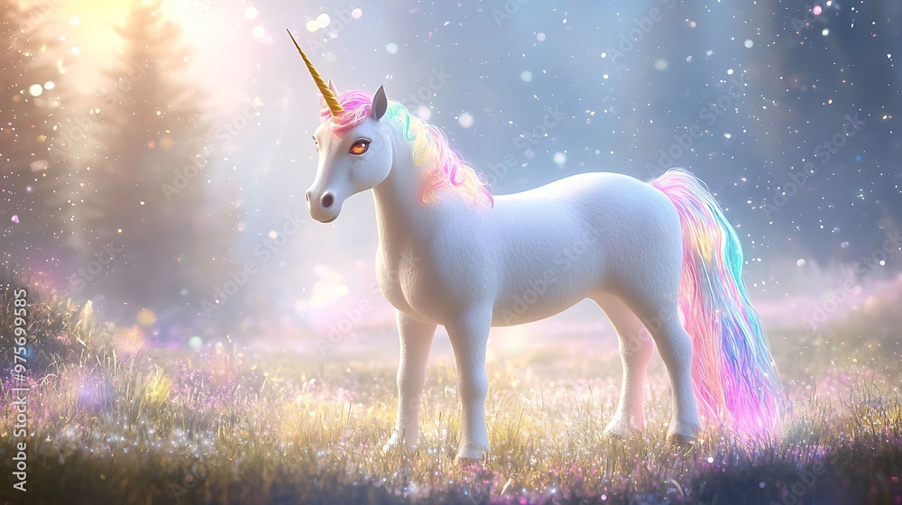 A fantastical unicorn with iridescent mane and tail, standing in a luminous meadow A fantastical unicorn with iridescent mane and tail, standing in a luminous meadow