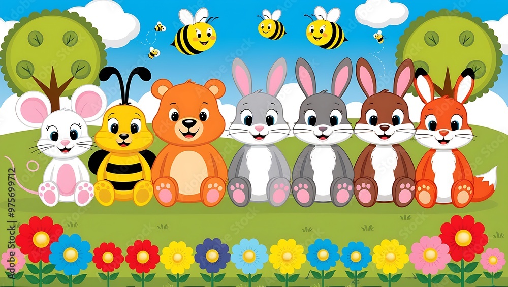 Fototapeta premium Cartoon animals sitting in a meadow filled with colorful flowers and trees, ideal for children's books, posters, or cards. Suitable for joyful and fun designs.