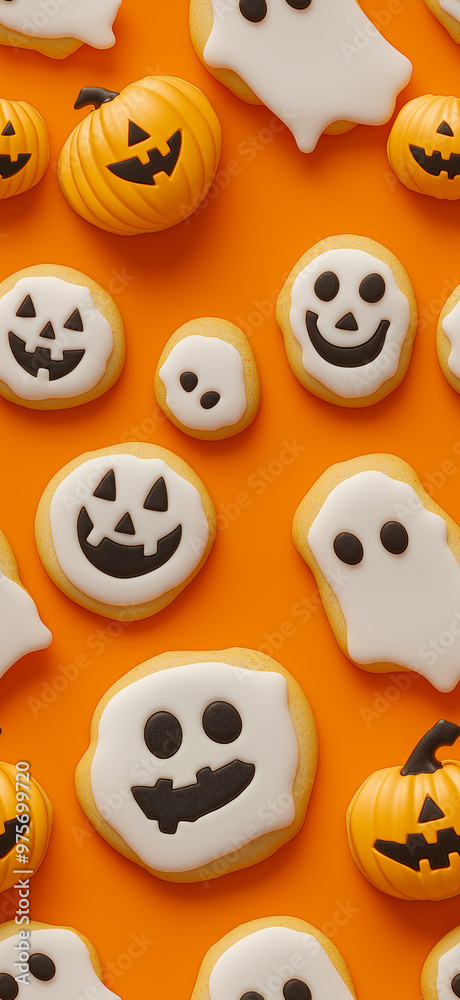 A pattern of cookies in the shape of smiling ghosts and pumpkins on an orange background. Halloween pattern A pattern of cookies in the shape of smiling ghosts and pumpkins on an orange background. Halloween pattern