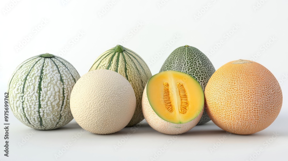 A variety of fresh melons arranged in a row, showcasing different types including one cut open to reveal its vibrant orange flesh. A variety of fresh melons arranged in a row, showcasing different types including one cut open to reveal its vibrant orange flesh.