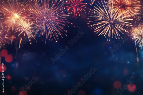 New year s fireworks display against dark blue background with ample copy space for banner design
