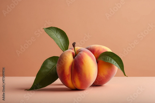 Ripe peach on peach color background  photo