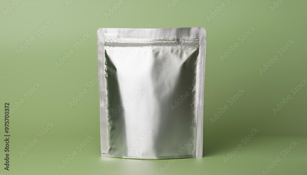 Minimalist foil doy pack with zipper against soft green background. Blank packaging. Mock-up Minimalist foil doy pack with zipper against soft green background. Blank packaging. Mock-up
