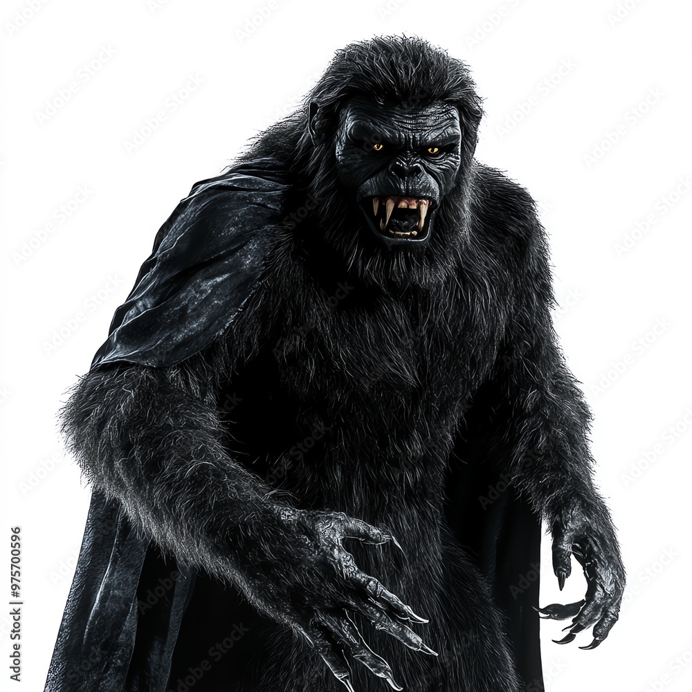 A Bigfoot with a vampire cape, Halloween theme, sharp fangs, dark tones, isolated on white background A Bigfoot with a vampire cape, Halloween theme, sharp fangs, dark tones, isolated on white background