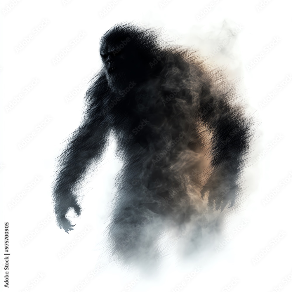 A ghostly Bigfoot, Halloween theme, with a glowing aura, dark and eerie, isolated on white background A ghostly Bigfoot, Halloween theme, with a glowing aura, dark and eerie, isolated on white background