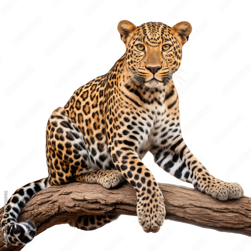 Majestic Leopard Sitting Calmly On Tree Branch In Front Of White Background Majestic Leopard Sitting Calmly On Tree Branch In Front Of White Background