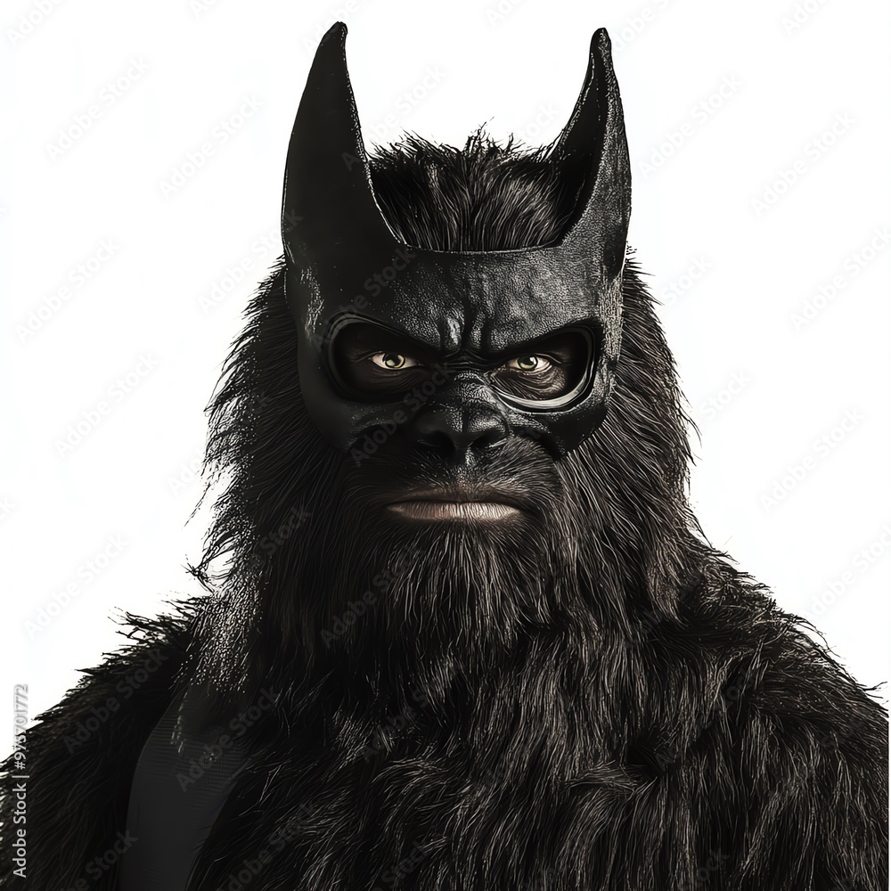 A Sasquatch wearing a bat mask, Halloween theme, dark tones, spooky atmosphere, isolated on white background A Sasquatch wearing a bat mask, Halloween theme, dark tones, spooky atmosphere, isolated on white background