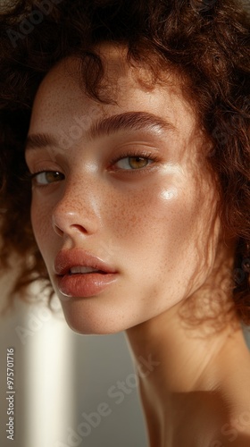Close-up of a woman with curly hair and freckles, showcasing natural beauty in soft light