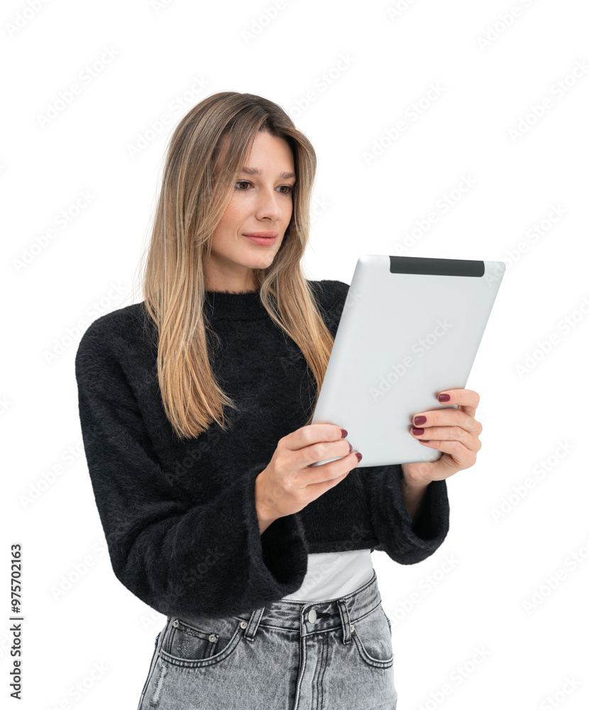Woman in casual clothing holding a tablet while reading. Isolated on a white background. Concept of technology, reading, and modern communication Woman in casual clothing holding a tablet while reading. Isolated on a white background. Concept of technology, reading, and modern communication