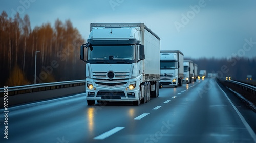  Convoy of white Trucks with containers on highway, cargo transportation concept in springtime - freight service