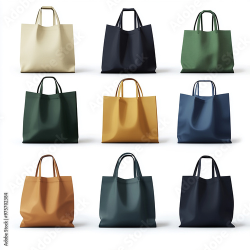 Shopping bag mockup. Various eco friendly fabric bags with empty copy space for design and print. Package templates. Realistic 3D vector illustration collection isolated on white background.