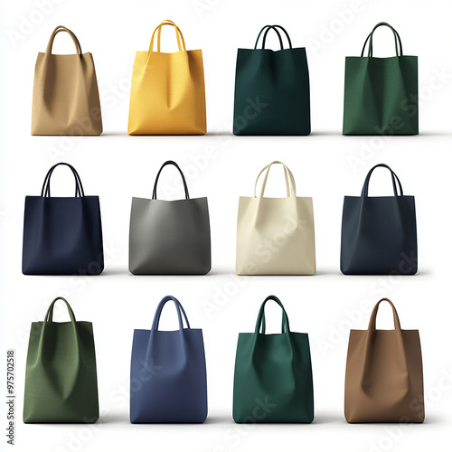 Shopping bag mockup. Various eco friendly fabric bags with empty copy space for design and print. Package templates. Realistic 3D vector illustration collection isolated on white background.