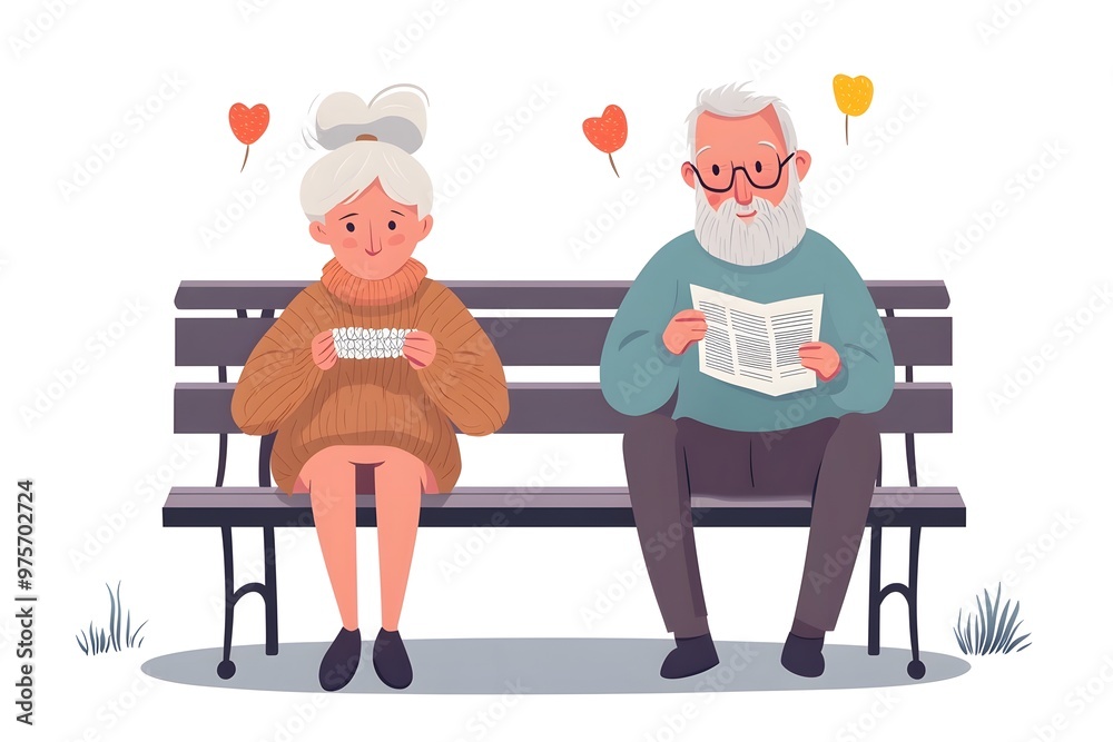 An elderly couple of pensioners reading on a park bench. Cartoon illustration. An elderly couple of pensioners reading on a park bench. Cartoon illustration.