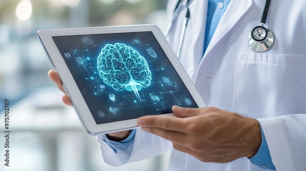 A doctor demonstrating cutting-edge anatomy technology on a tablet, featuring detailed brain and body visuals in a modern office A doctor demonstrating cutting-edge anatomy technology on a tablet, featuring detailed brain and body visuals in a modern office