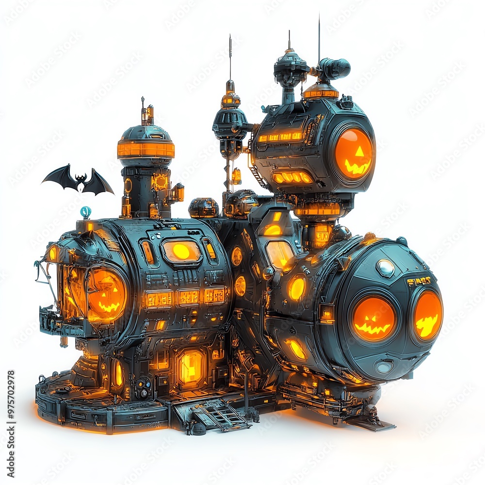 A futuristic space station decorated for Halloween, glowing orange lights, isolated on white background A futuristic space station decorated for Halloween, glowing orange lights, isolated on white background