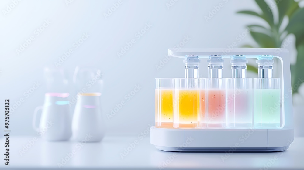 A high-tech smoothie stand with robotic mixers and glowing cups, delivering health in a glass A high-tech smoothie stand with robotic mixers and glowing cups, delivering health in a glass