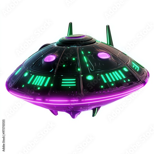 A ghostly alien spaceship, Halloween theme, glowing green and purple, isolated on white background photo