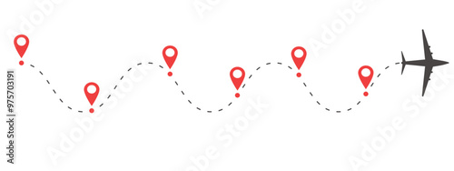 Plane timeine trail dashed line with pin. Infographic destination work process template. Airplane icons, roadmap infographic and travel path routes with location