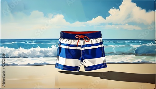 Stylish blue and white striped swim trunks with drawstring waist, ideal for beach and pool days photo