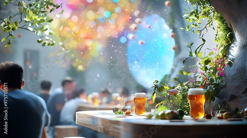 An avant-garde beer garden with shifting holographic decor and bioluminescent brews, bustling with patrons photo