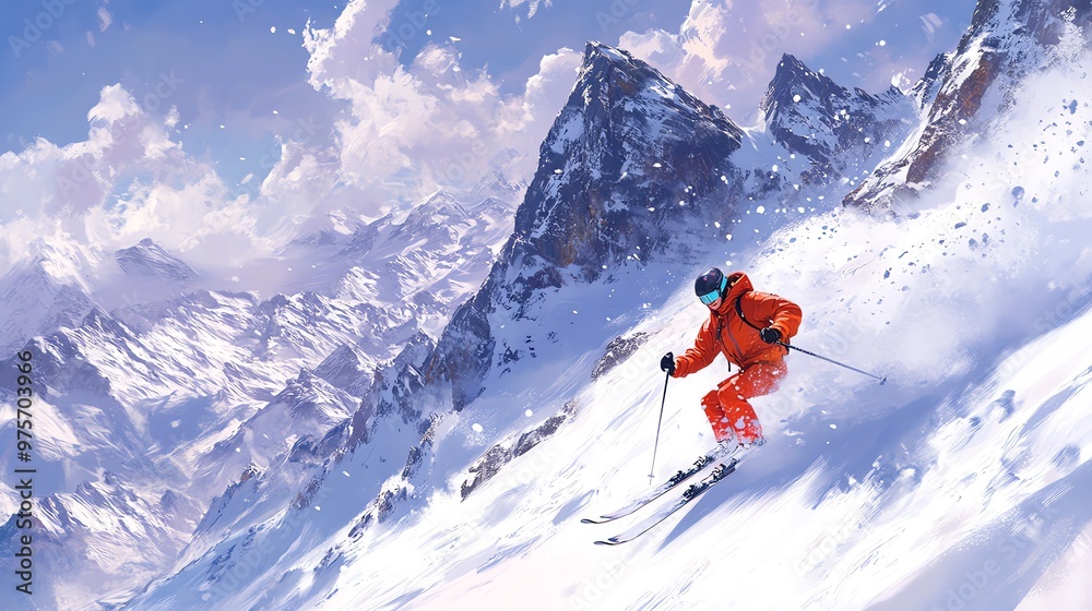 A lone skier descends a snowy mountainside, with a breathtaking view of a snowy mountain range in the background. A lone skier descends a snowy mountainside, with a breathtaking view of a snowy mountain range in the background.