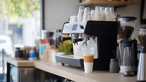 A sleek espresso bar with interactive digital espresso machines and neon-infused shots, energizing customers photo