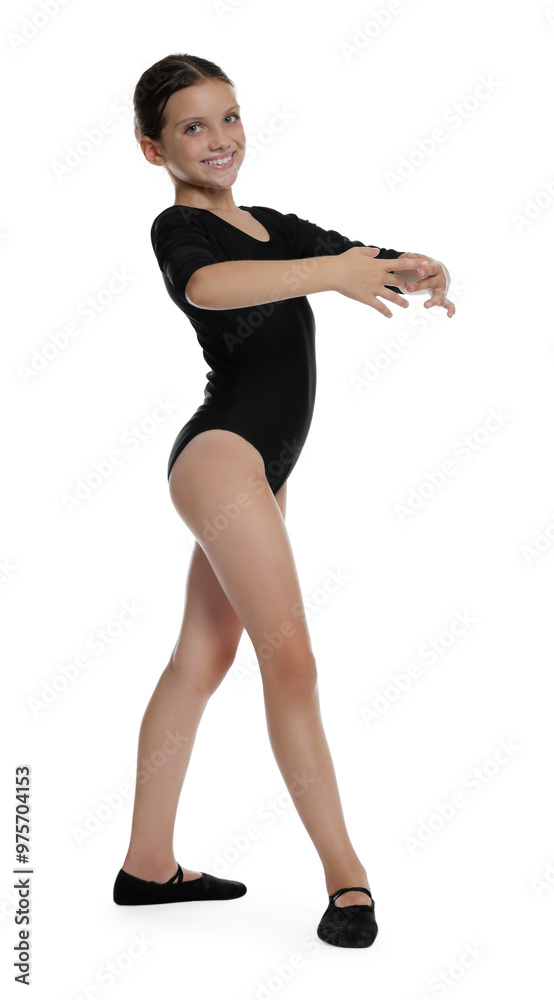 Little ballerina practicing dance moves on white background Little ballerina practicing dance moves on white background