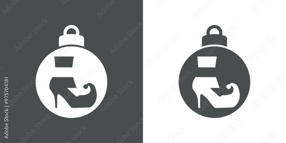 Tiempo de Navidad. Logo con silueta de bola de navidad con zapato de mujer de tacón alto de elfo de Santa Claus para tarjetas y felicitaciones Tiempo de Navidad. Logo con silueta de bola de navidad con zapato de mujer de tacón alto de elfo de Santa Claus para tarjetas y felicitaciones