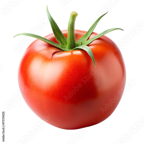 Bright Red Tomato with Green Stem - Isolated on White