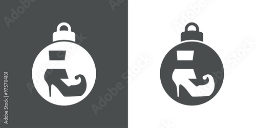 Tiempo de Navidad. Logo con silueta de bola de navidad con zapato de mujer de tacón alto de elfo de Santa Claus para tarjetas y felicitaciones