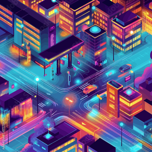 Smart City Vector Illustration with Self Driving Cars