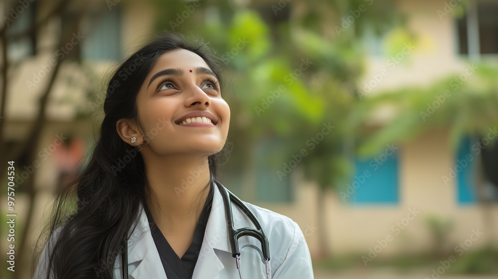 Female doctor in a hospital | Indian doctor looking up in confident | Doctor in hospital background Female doctor in a hospital | Indian doctor looking up in confident | Doctor in hospital background