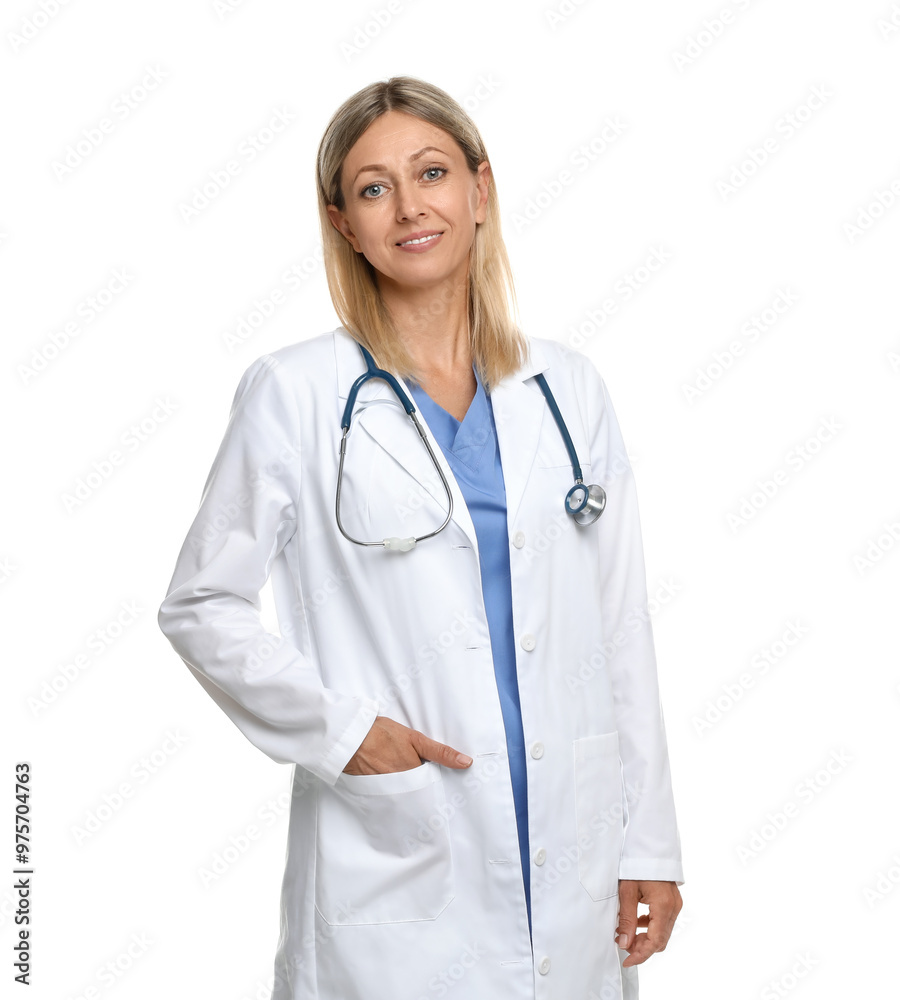 Portrait of doctor in medical uniform with stethoscope isolated on white Portrait of doctor in medical uniform with stethoscope isolated on white