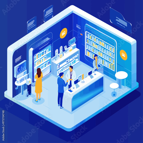 Modern Telehealth Kiosk with Pharmacist Vector Illustration