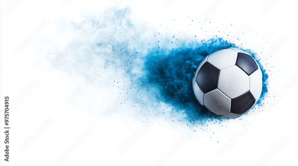Fototapeta premium a football in motion with a vivid dust trail behind it, isolated against a clean white background