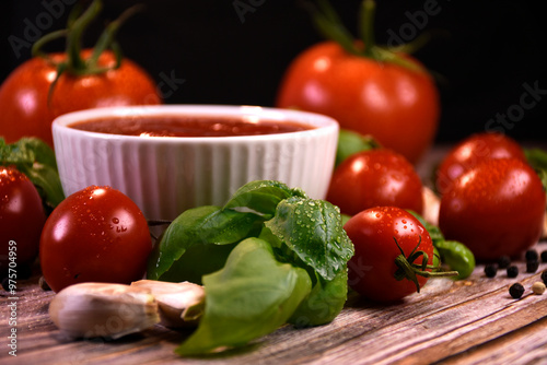 ingredients for making ketchup. ketchup in a white bowl on the table with tomatoes and basil.