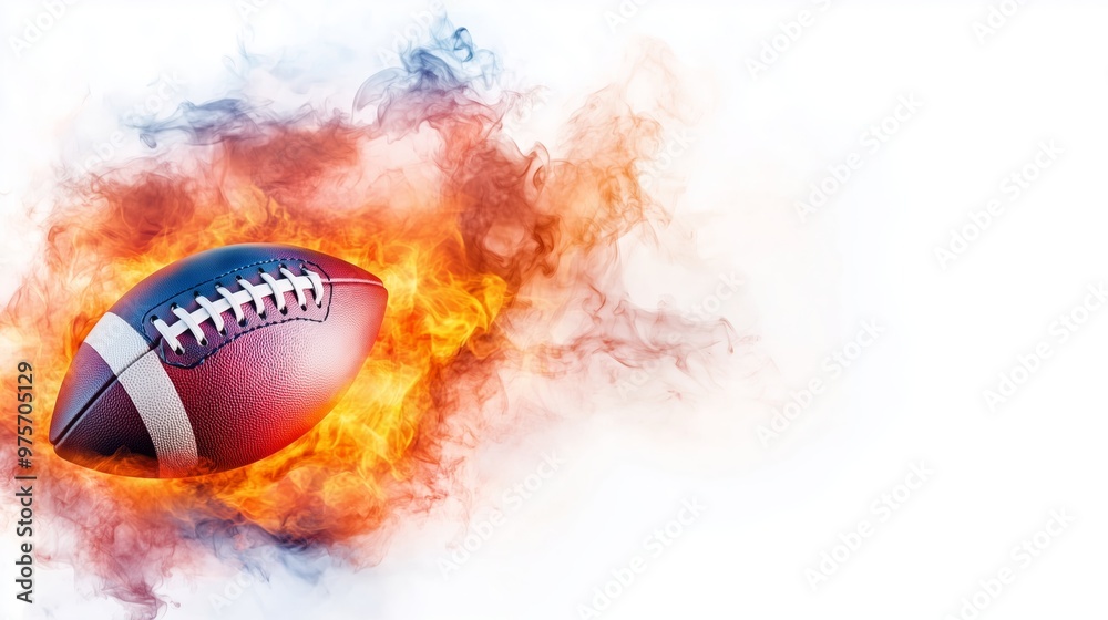 An American football ignites mid-air with flames trailing behind isolated on white background