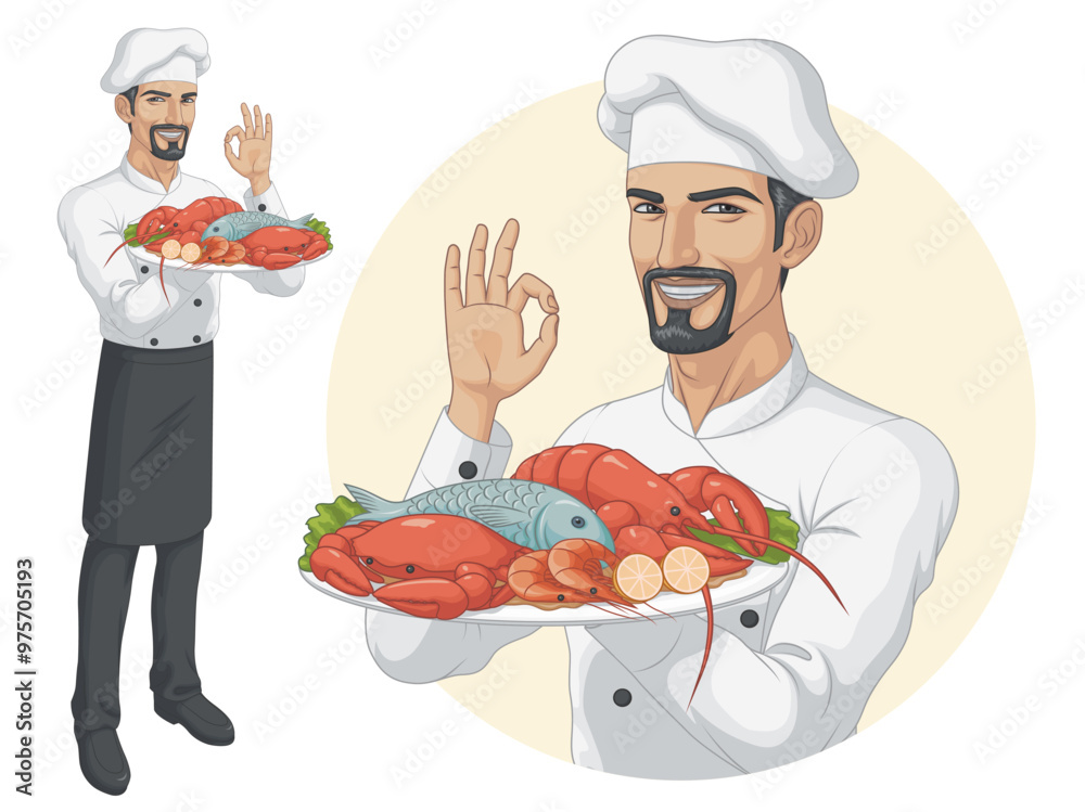 A Male Chef Carries a Plate of Seafood A Male Chef Carries a Plate of Seafood